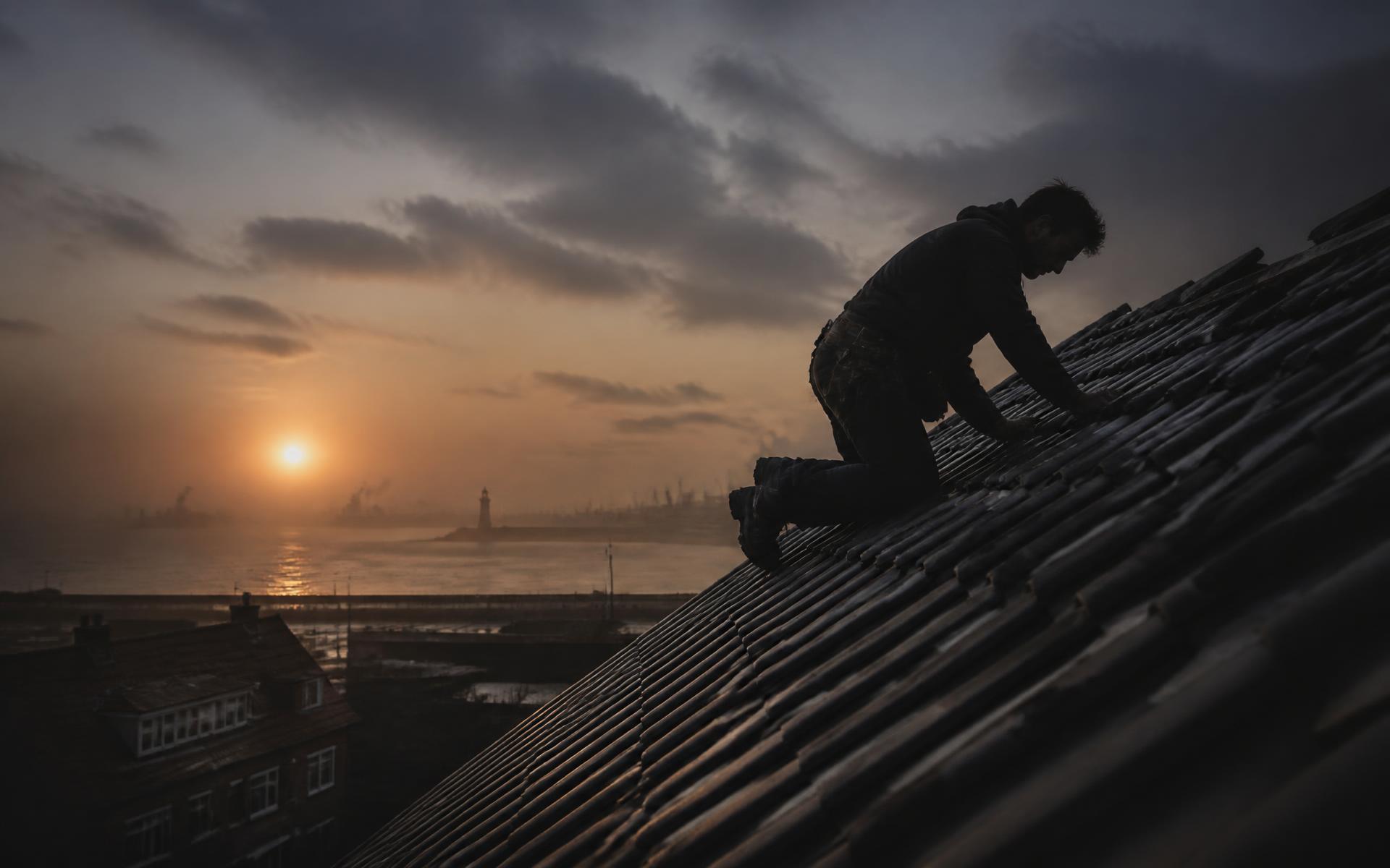 Dakdekker bij zonsopkomst op een dak boven de haven van IJmuiden